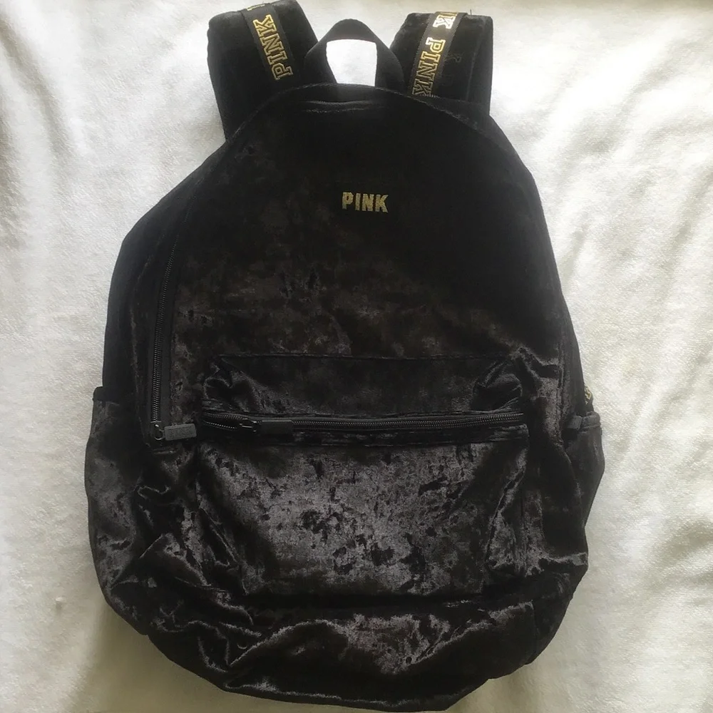 PINK Victoria's Secret Black Velvet Backpack with Gold Logo,PINK VS collegiate
